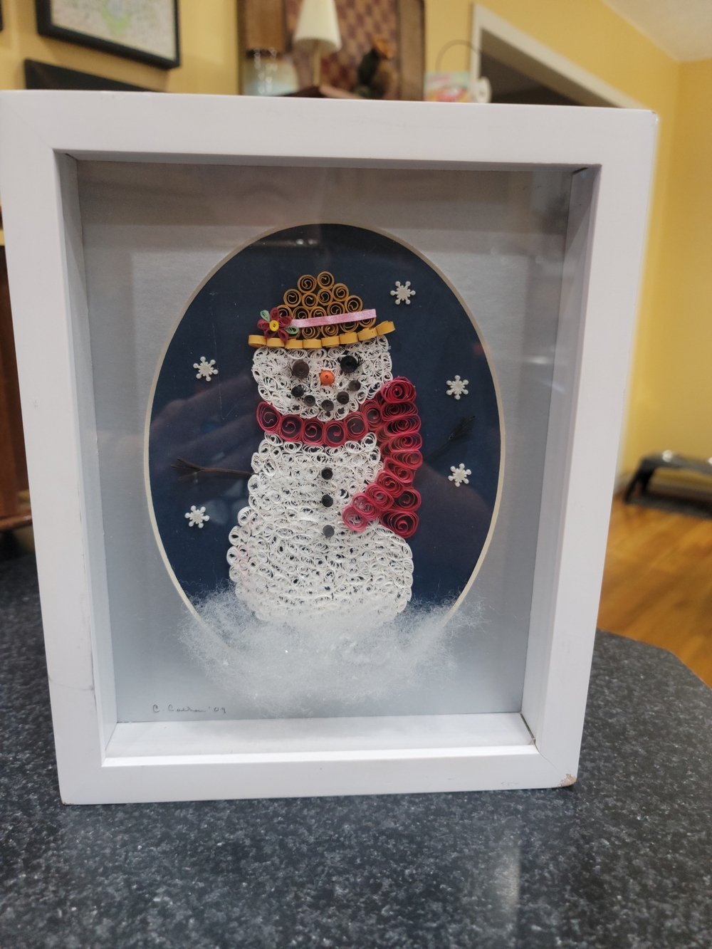 Handmade Snowman Quilling Art in White Frame - Holiday Home Decor